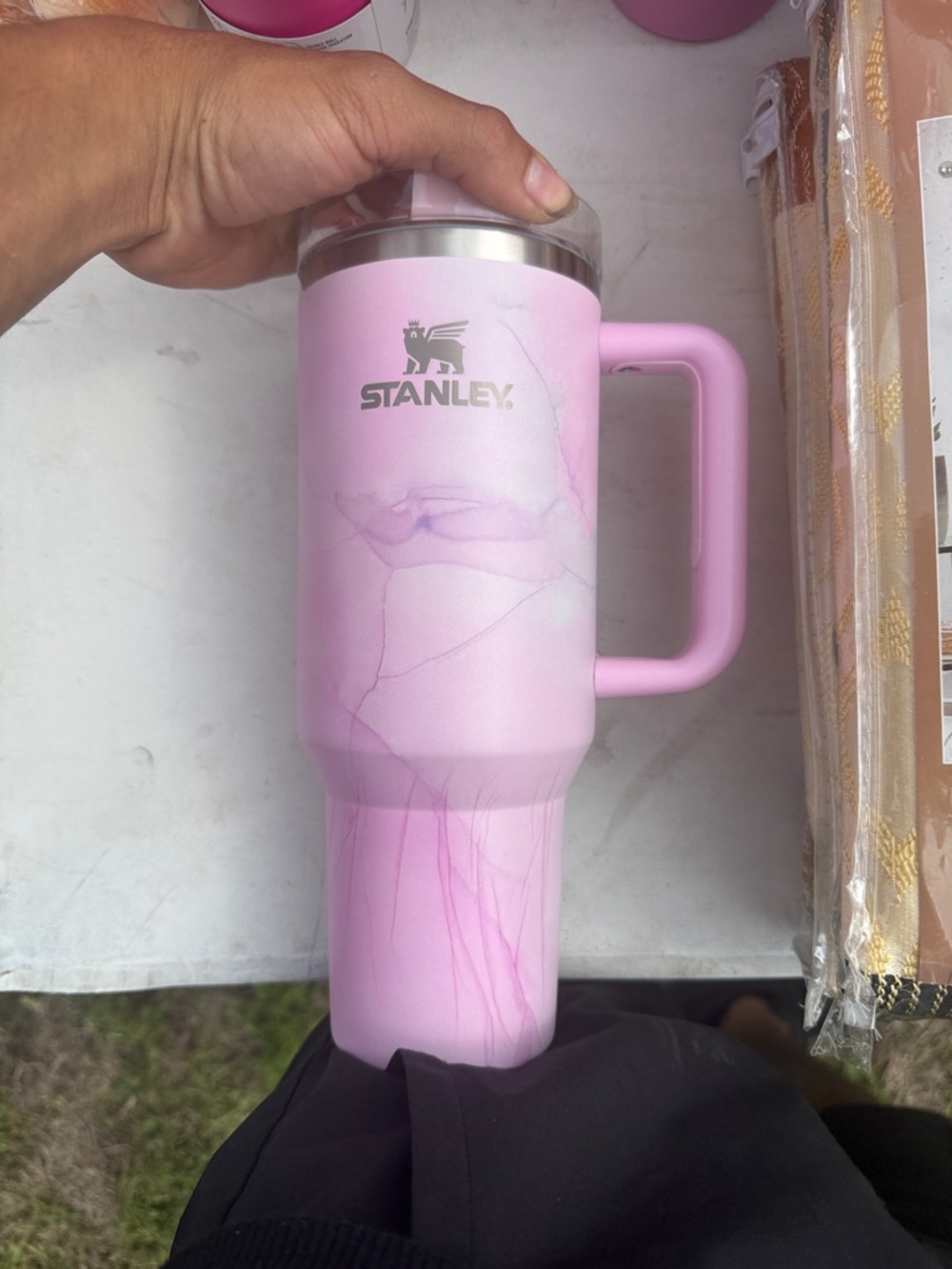 Stanley Pink Marble Travel Tumbler with Handle